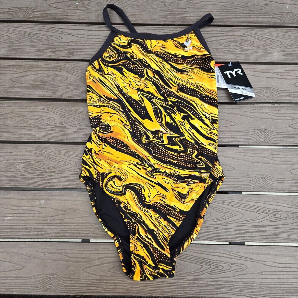 TYR DuraFast Elite Oil Slick Diamondfit 1 Pc Swim Yellow Youth Girl Sz 22 New